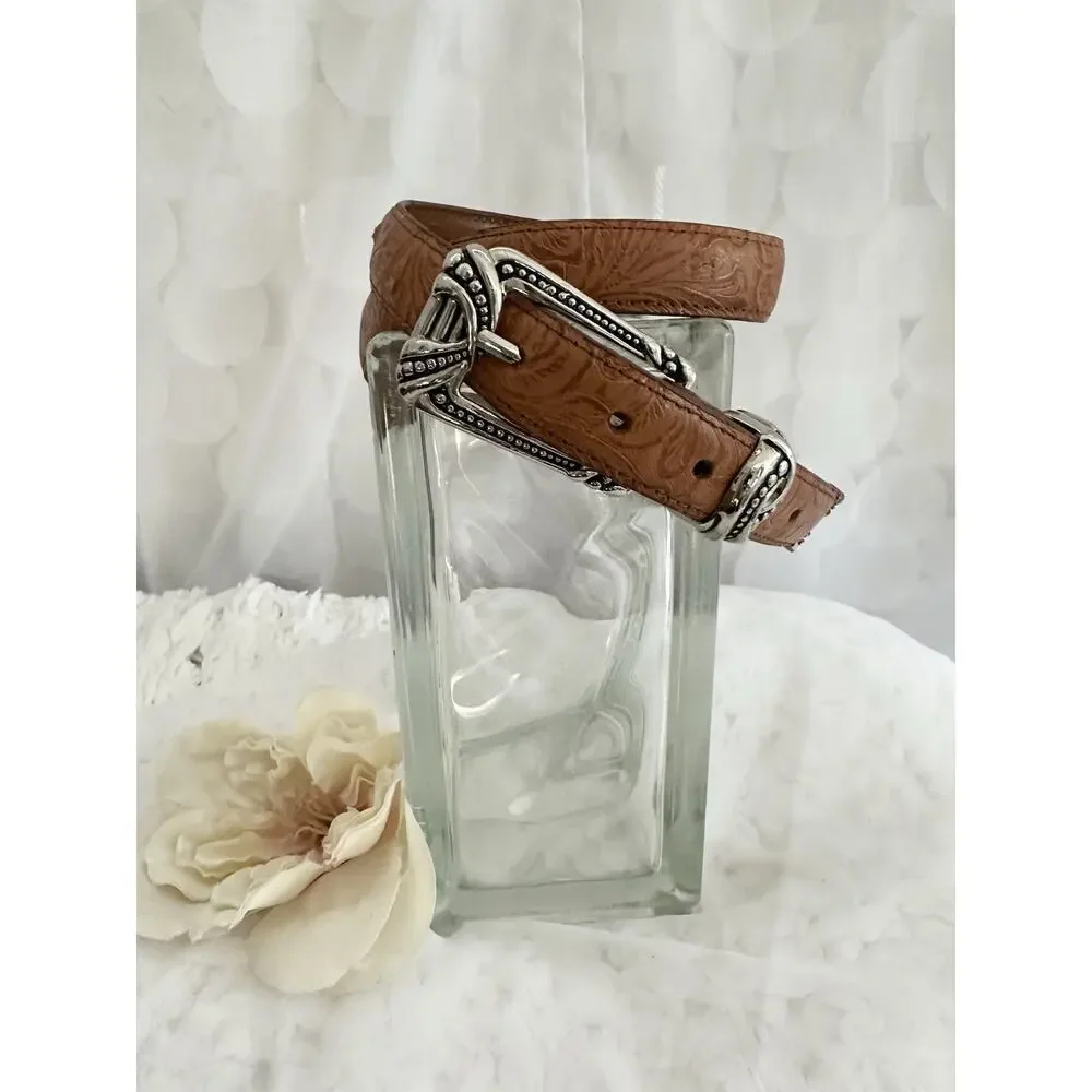 VTG Hand Tooled Belt Western Americana Leather Silver Buckle & Tip